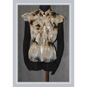 Speak 2 Me Black Tan & Gray Ruffled Front Flutter Cap Sleeved Summer Blouse SZ M